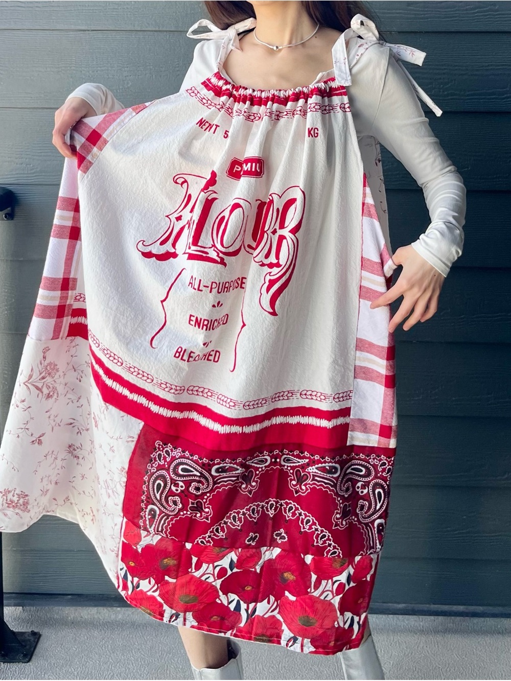 Handmade Quilted Flour Sack Patchwork Sundress with Shoulder Ties SKU 05037 - Picture 7 of 16